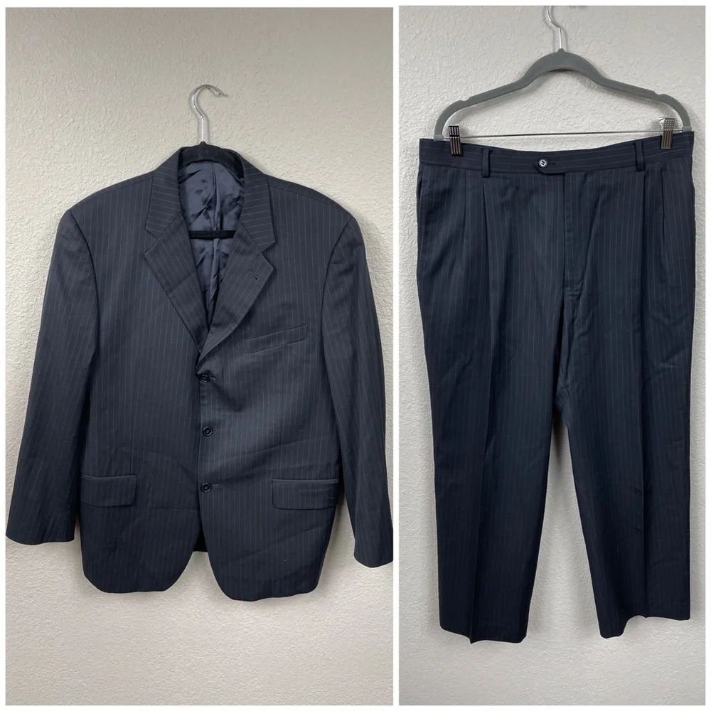 Joseph Abboud Black Pinstripe Suit Business Formal Wool Sz 42S Jacket 36 Pants